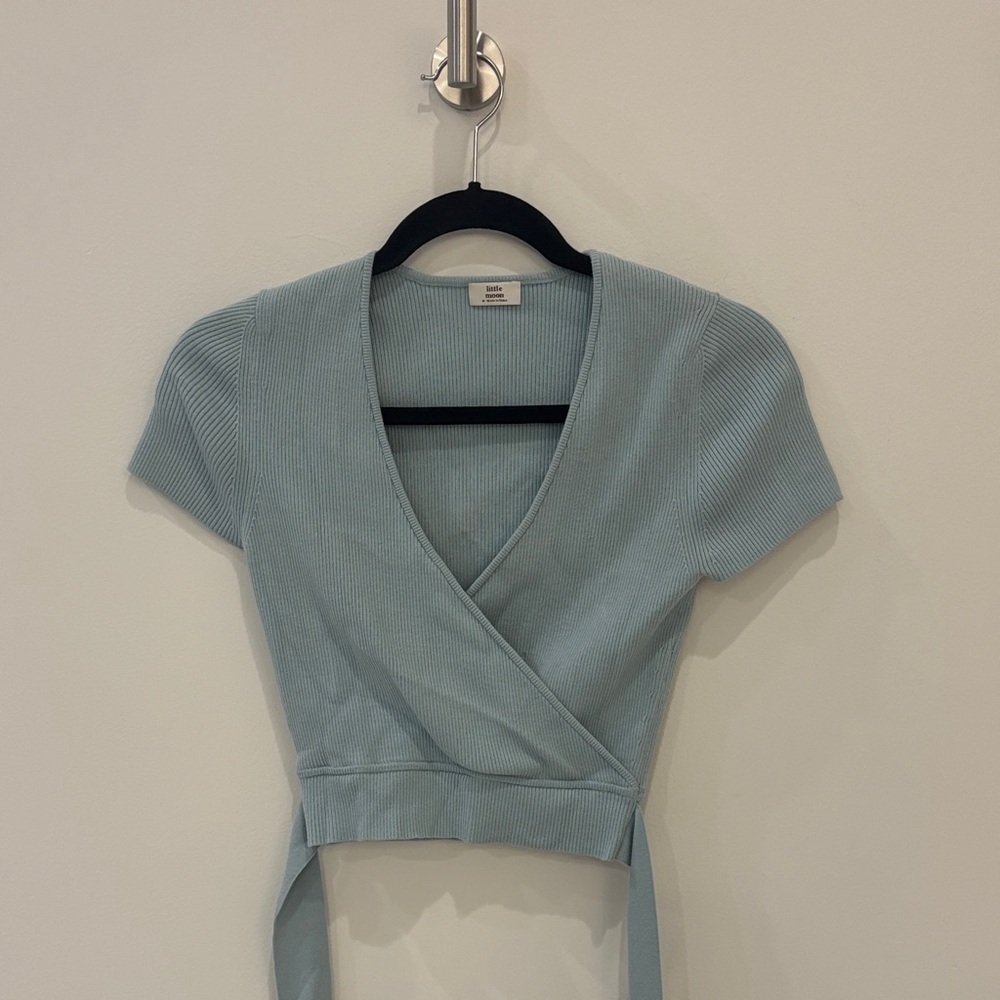 Aritzia Light Blue Ribbed Wrap Top